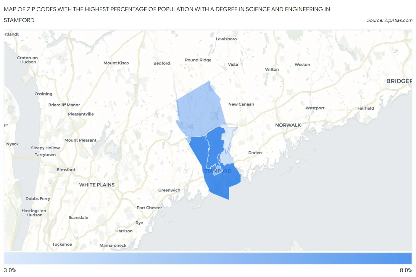 Zip Codes with the Highest Percentage of Population with a Degree in Science and Engineering in Stamford Map