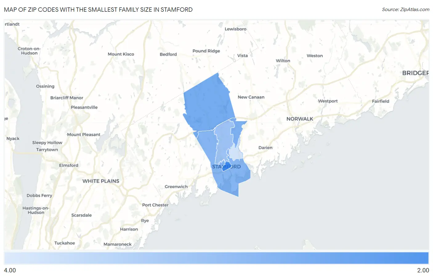Zip Codes with the Smallest Family Size in Stamford Map