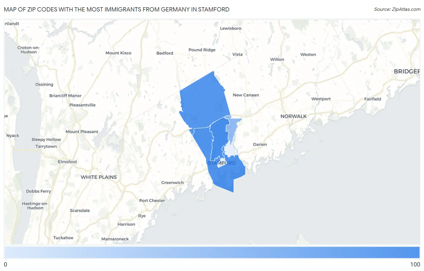 Zip Codes with the Most Immigrants from Germany in Stamford Map