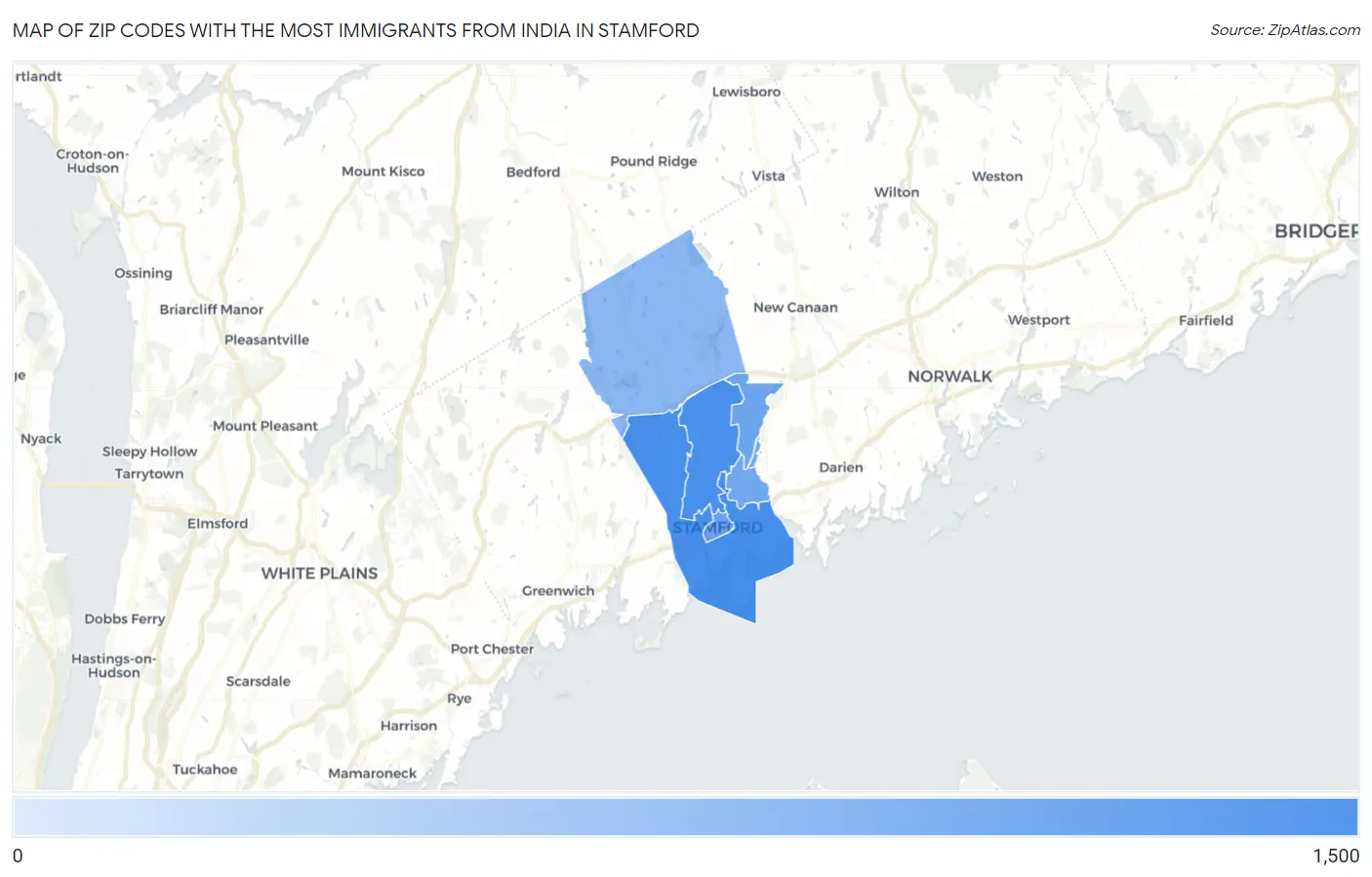 Zip Codes with the Most Immigrants from India in Stamford Map