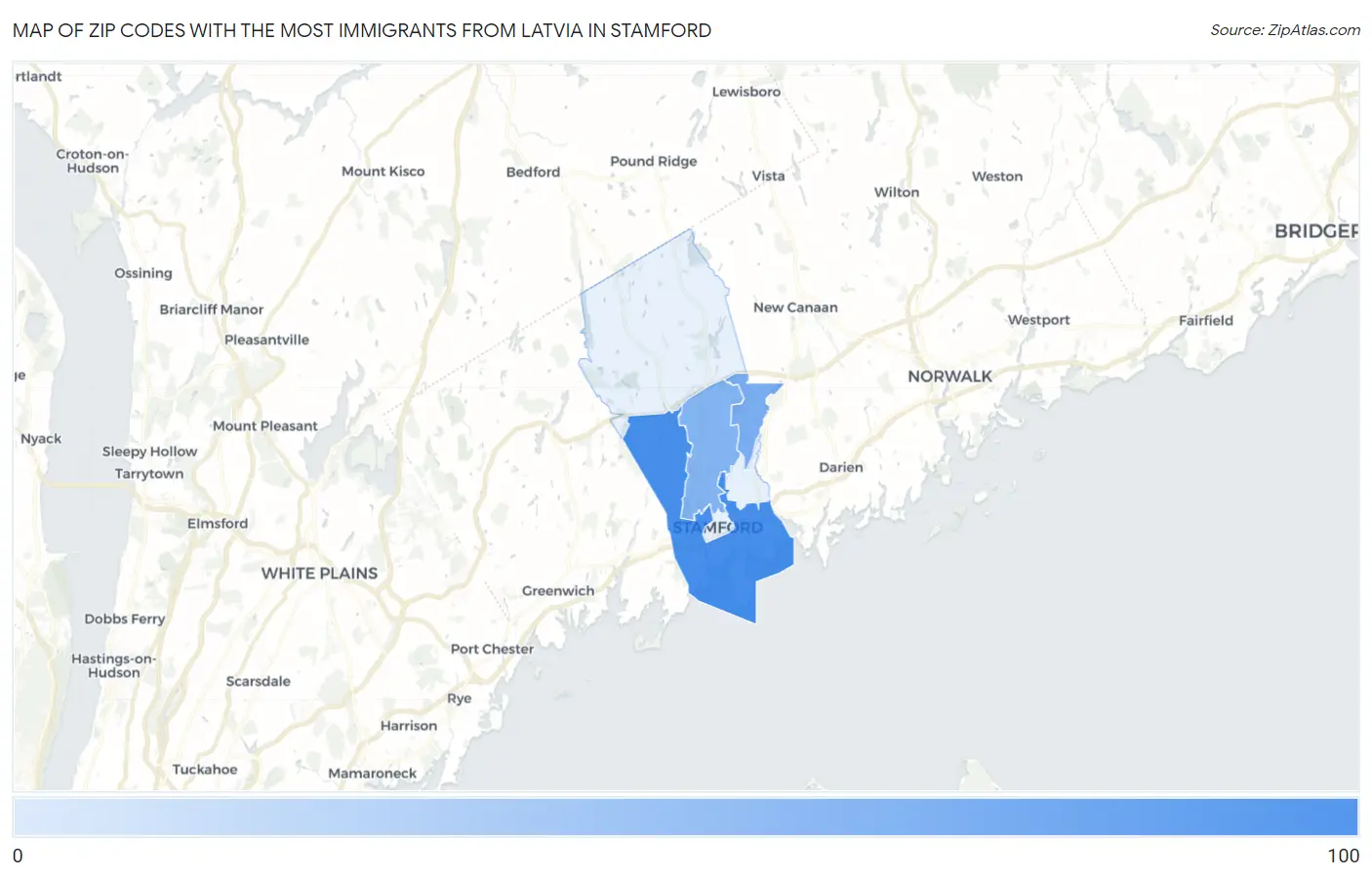 Zip Codes with the Most Immigrants from Latvia in Stamford Map