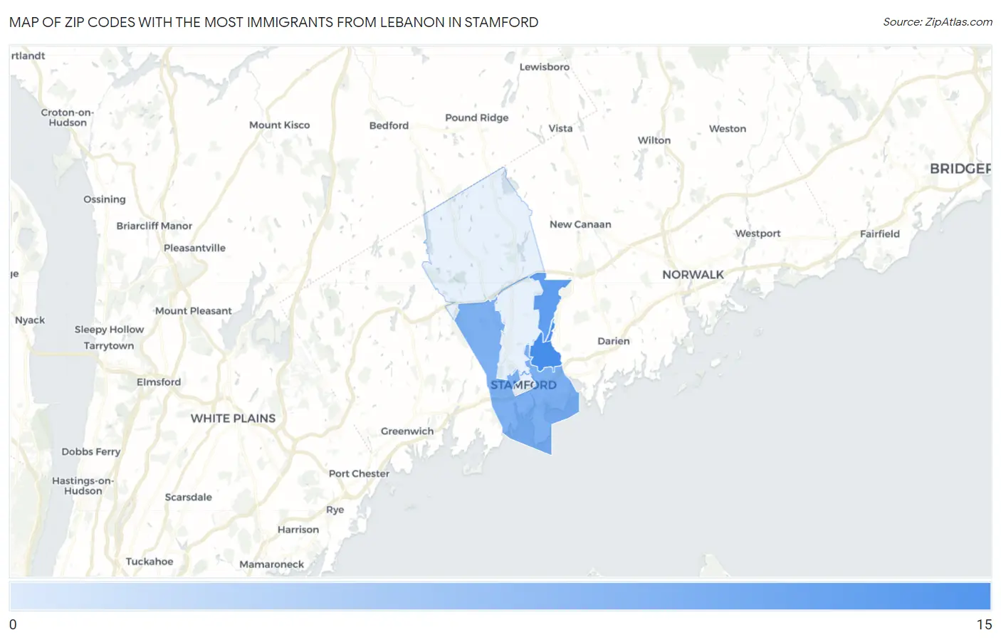 Zip Codes with the Most Immigrants from Lebanon in Stamford Map