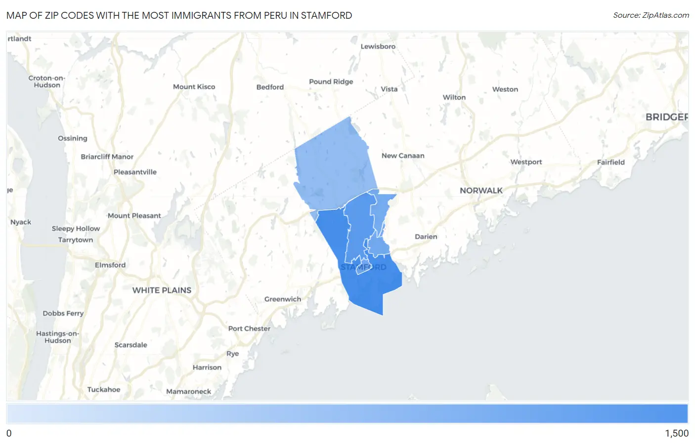 Zip Codes with the Most Immigrants from Peru in Stamford Map