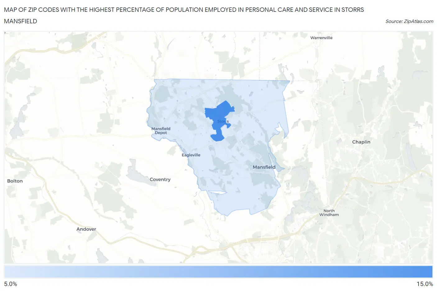 Zip Codes with the Highest Percentage of Population Employed in Personal Care and Service in Storrs Mansfield Map
