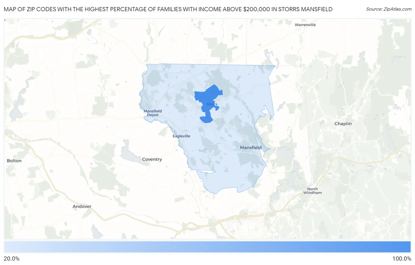Zip Codes with the Highest Percentage of Families with Income Above $200,000 in Storrs Mansfield Map