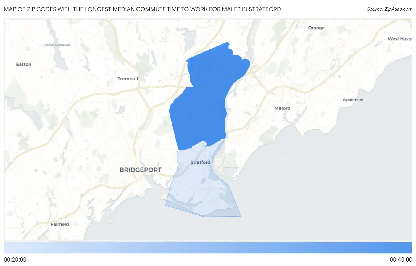 Zip Codes with the Longest Median Commute Time to Work for Males in Stratford Map