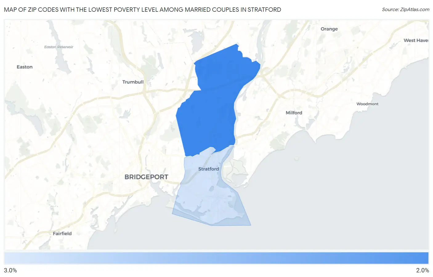 Zip Codes with the Lowest Poverty Level Among Married Couples in Stratford Map