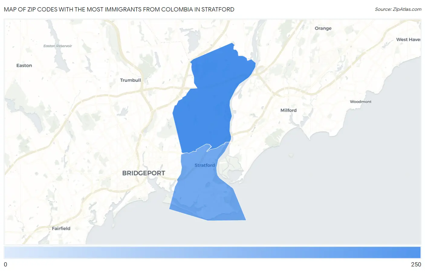 Zip Codes with the Most Immigrants from Colombia in Stratford Map