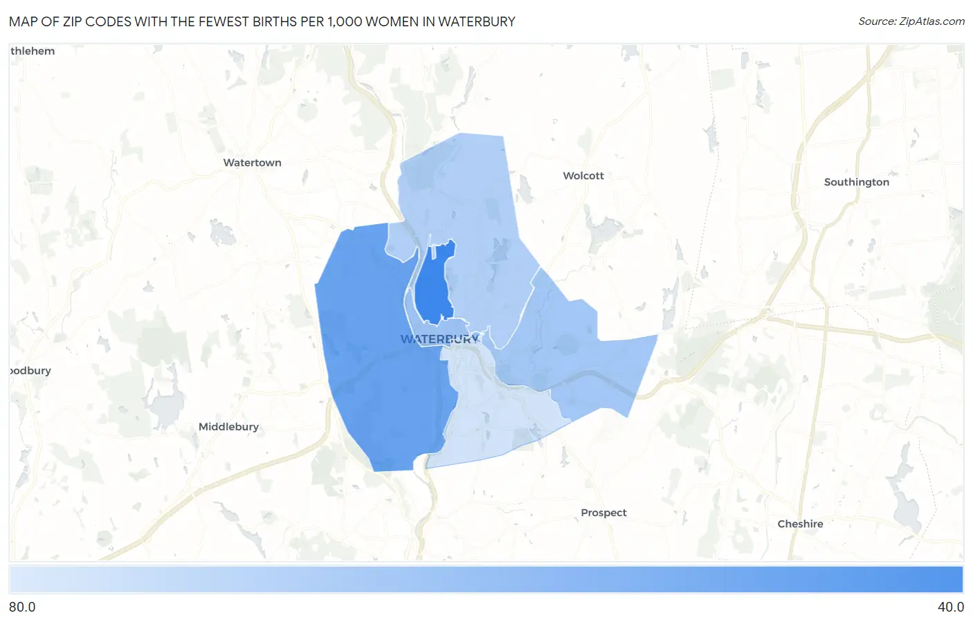 Zip Codes with the Fewest Births per 1,000 Women in Waterbury Map