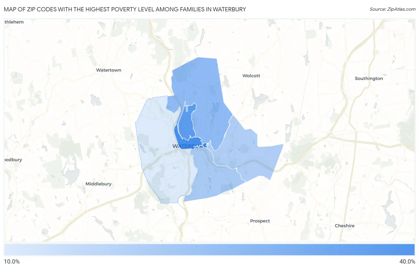 Zip Codes with the Highest Poverty Level Among Families in Waterbury Map