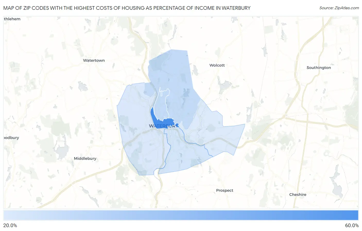 Zip Codes with the Highest Costs of Housing as Percentage of Income in Waterbury Map