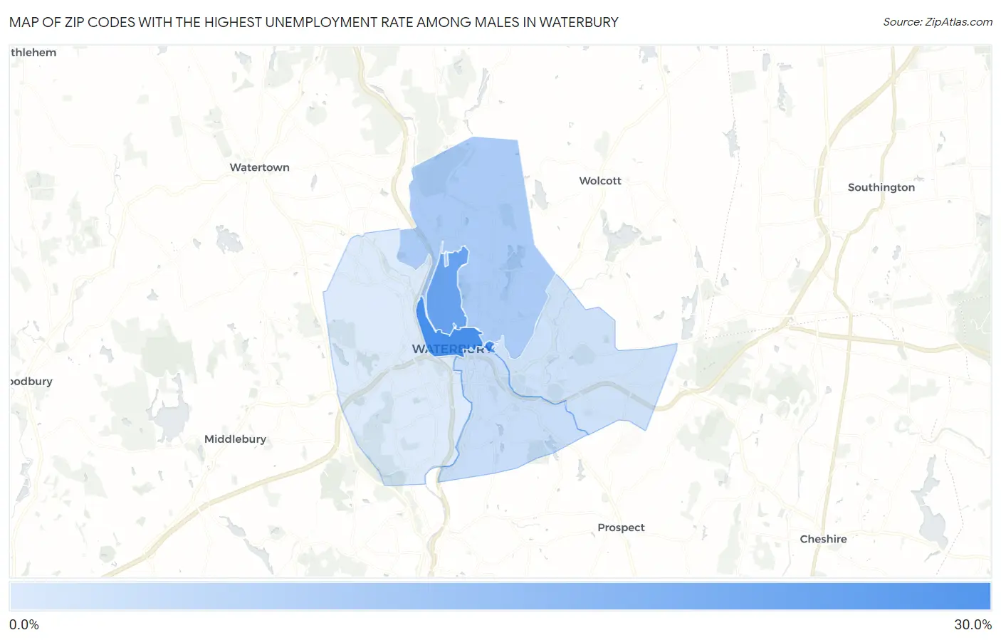 Zip Codes with the Highest Unemployment Rate Among Males in Waterbury Map