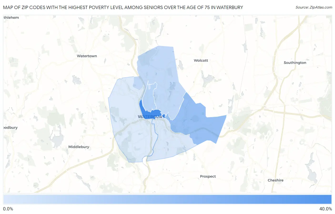 Zip Codes with the Highest Poverty Level Among Seniors Over the Age of 75 in Waterbury Map