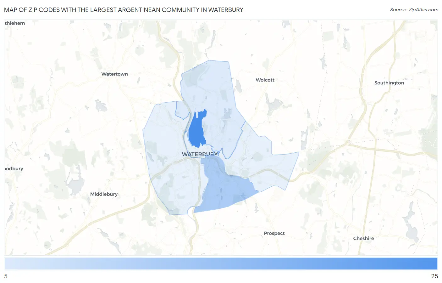 Zip Codes with the Largest Argentinean Community in Waterbury Map