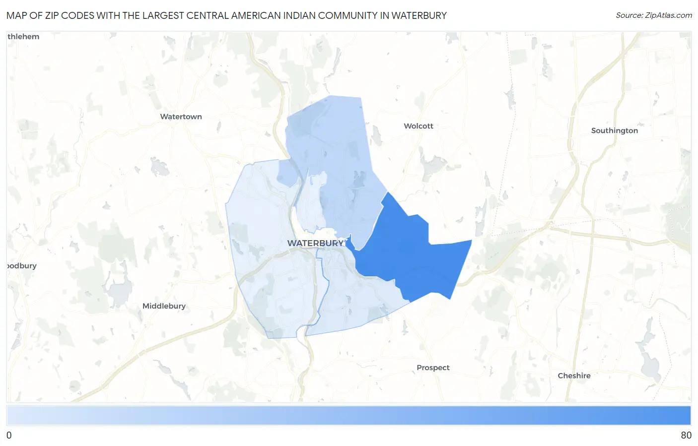 Zip Codes with the Largest Central American Indian Community in Waterbury Map