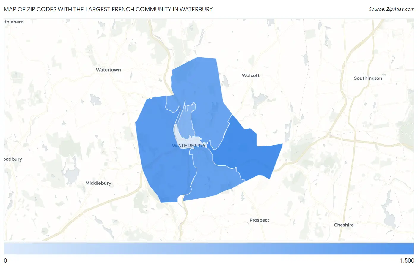Zip Codes with the Largest French Community in Waterbury Map