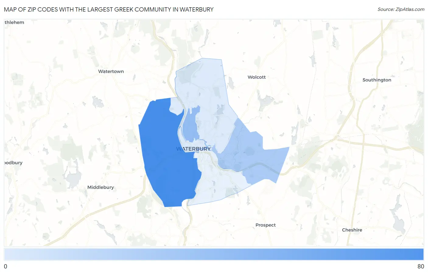 Zip Codes with the Largest Greek Community in Waterbury Map