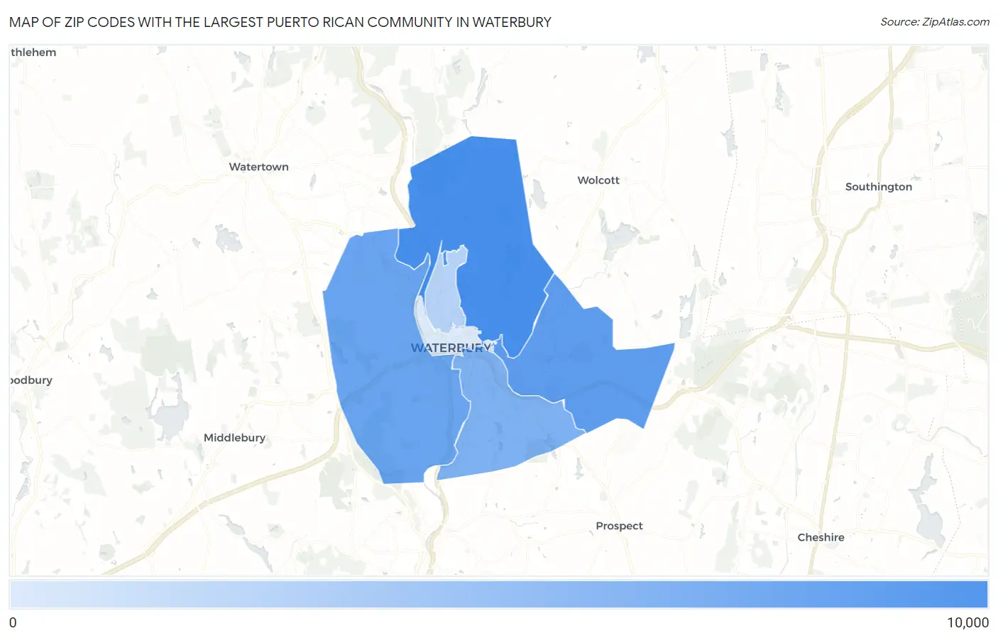 Zip Codes with the Largest Puerto Rican Community in Waterbury Map