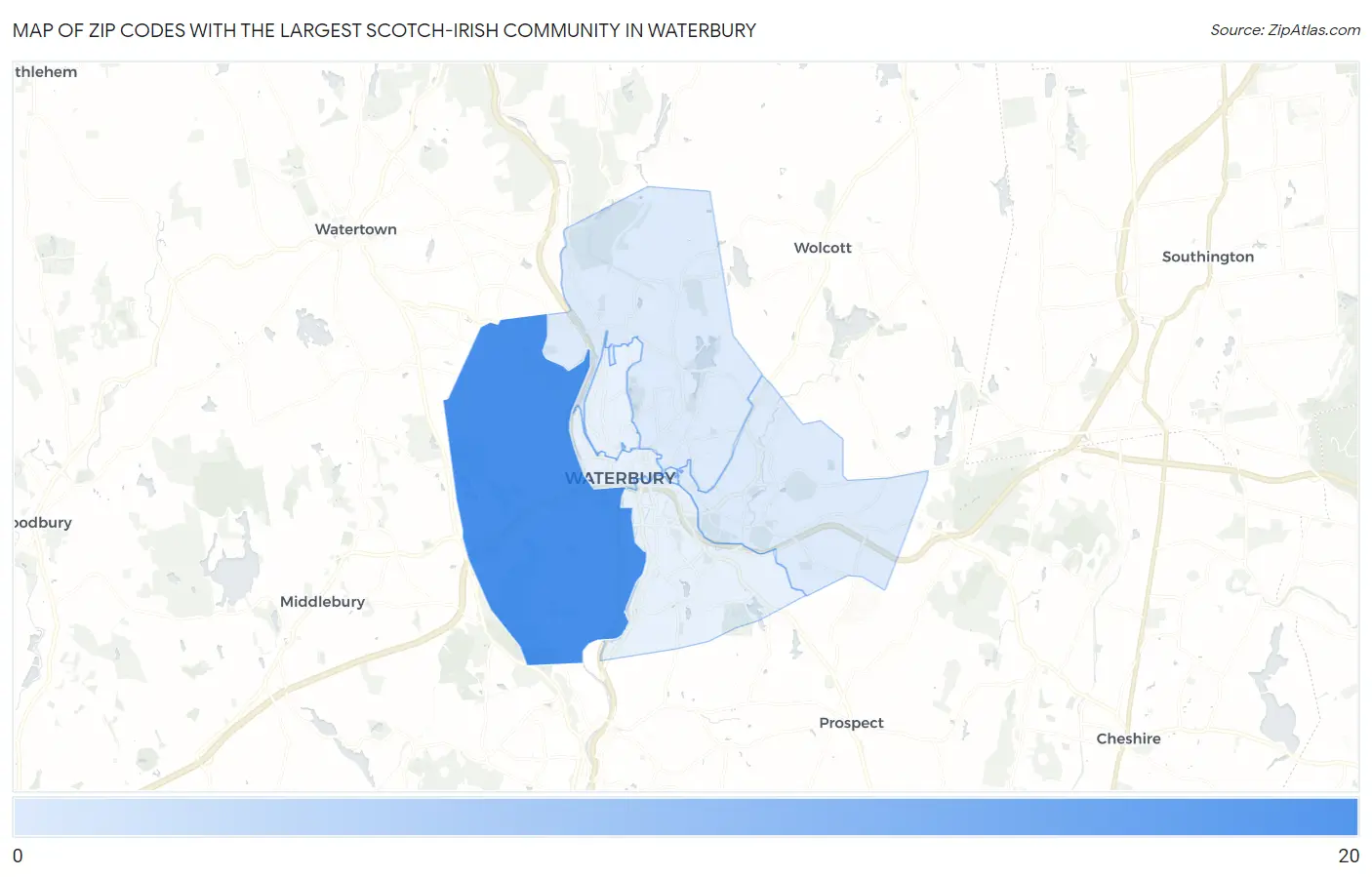 Zip Codes with the Largest Scotch-Irish Community in Waterbury Map