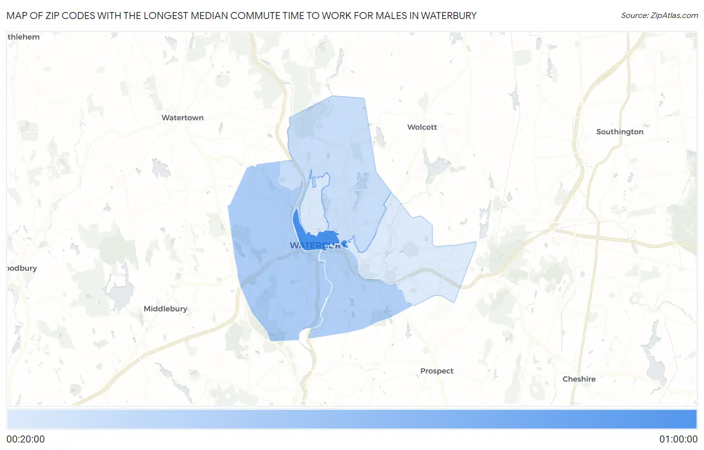 Zip Codes with the Longest Median Commute Time to Work for Males in Waterbury Map