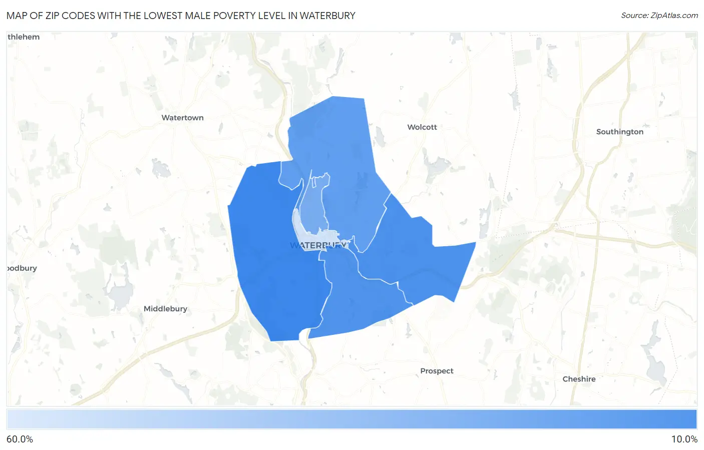 Zip Codes with the Lowest Male Poverty Level in Waterbury Map