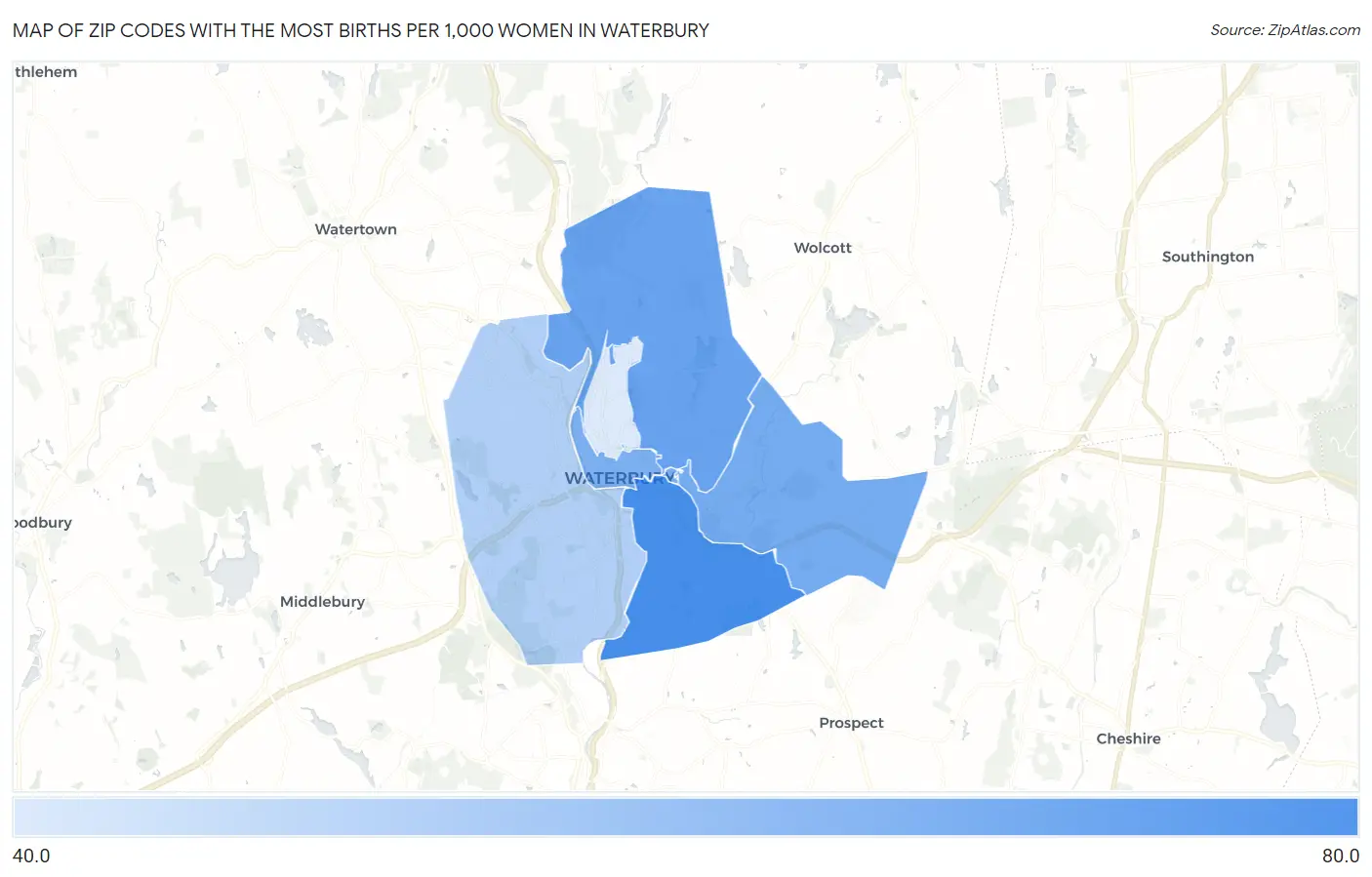 Zip Codes with the Most Births per 1,000 Women in Waterbury Map