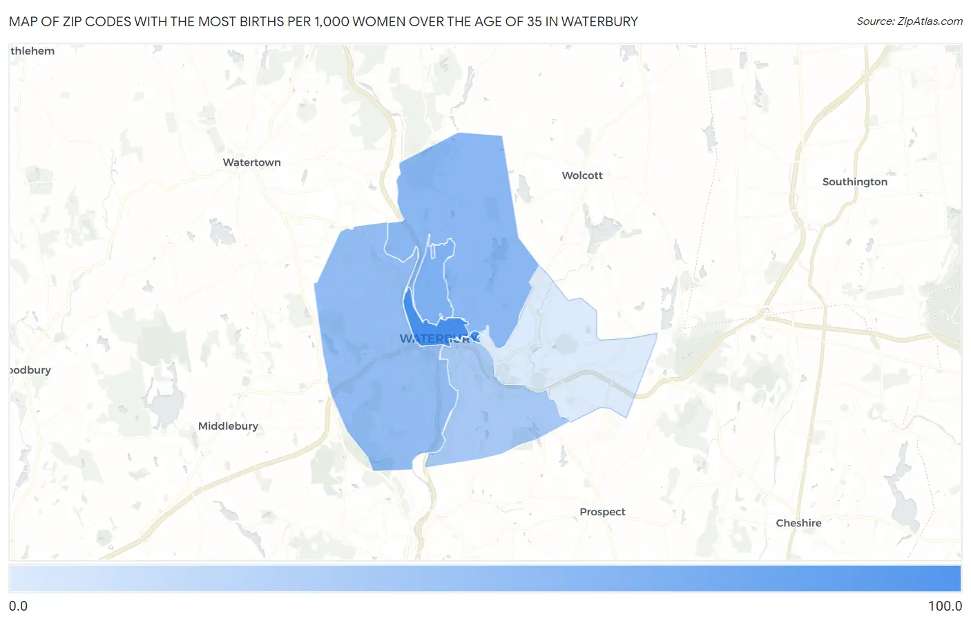Zip Codes with the Most Births per 1,000 Women Over the Age of 35 in Waterbury Map