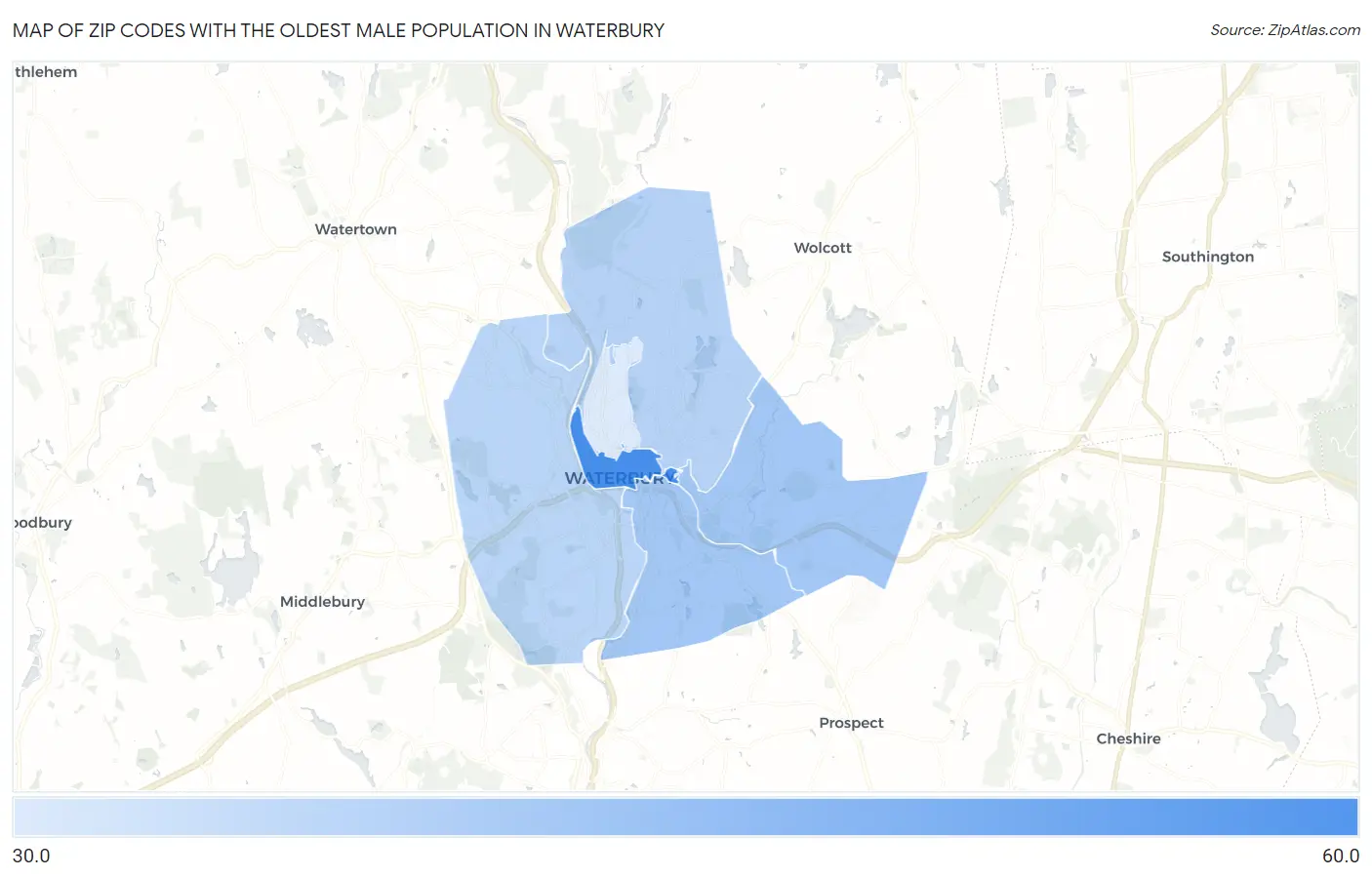 Zip Codes with the Oldest Male Population in Waterbury Map