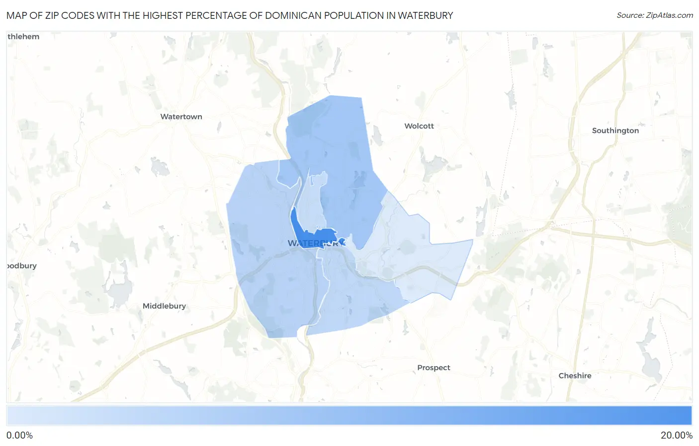 Zip Codes with the Highest Percentage of Dominican Population in Waterbury Map