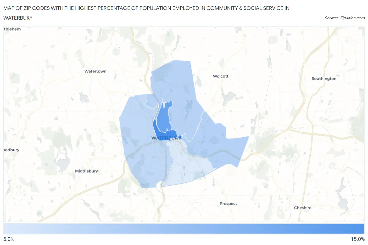 Zip Codes with the Highest Percentage of Population Employed in Community & Social Service  in Waterbury Map