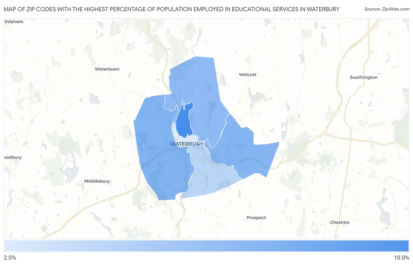 Zip Codes with the Highest Percentage of Population Employed in Educational Services in Waterbury Map