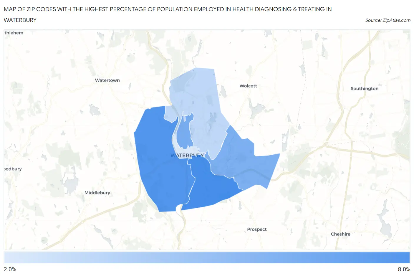Zip Codes with the Highest Percentage of Population Employed in Health Diagnosing & Treating in Waterbury Map