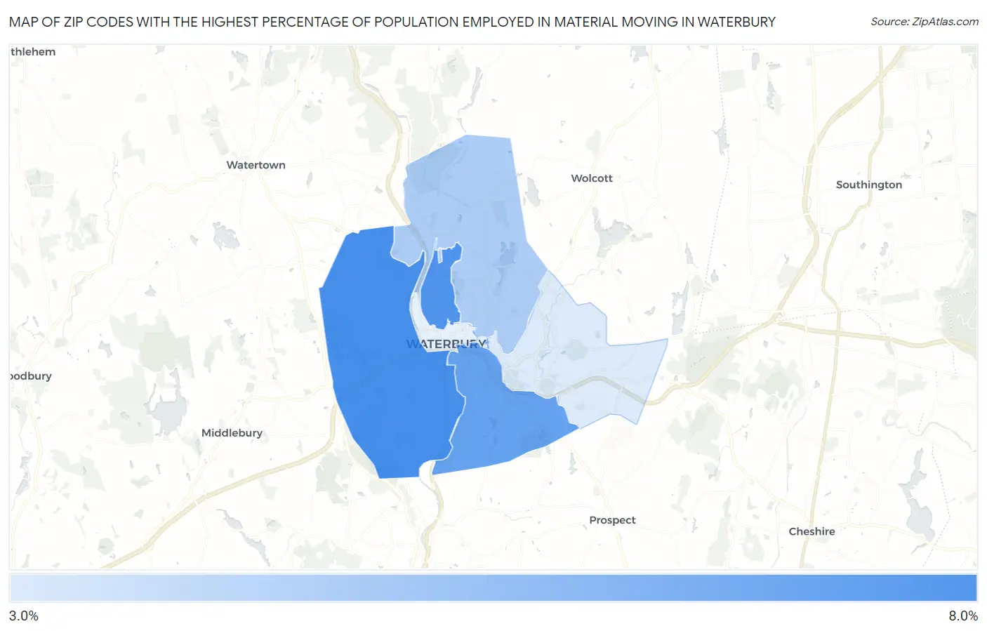 Zip Codes with the Highest Percentage of Population Employed in Material Moving in Waterbury Map