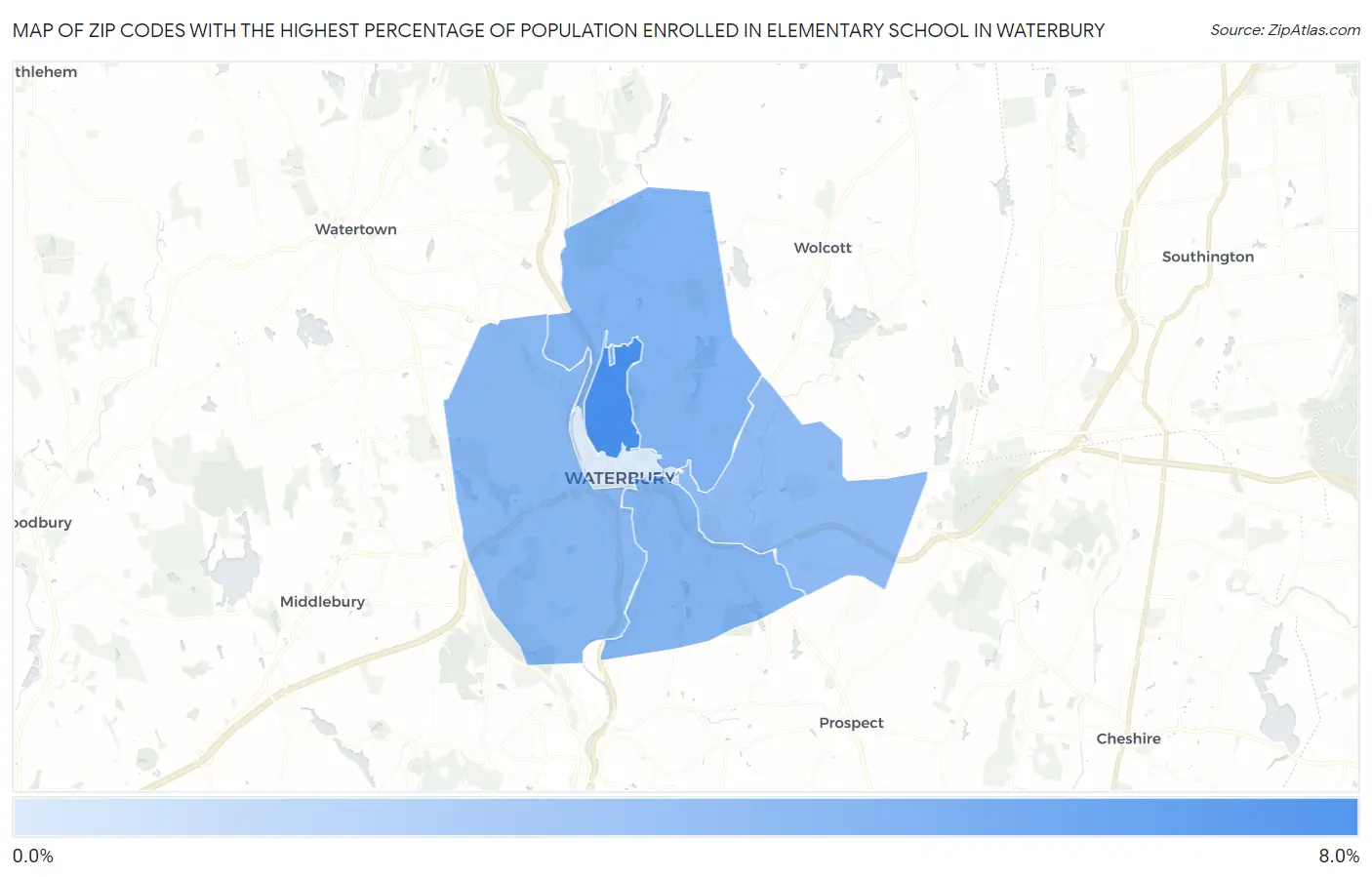 Zip Codes with the Highest Percentage of Population Enrolled in Elementary School in Waterbury Map