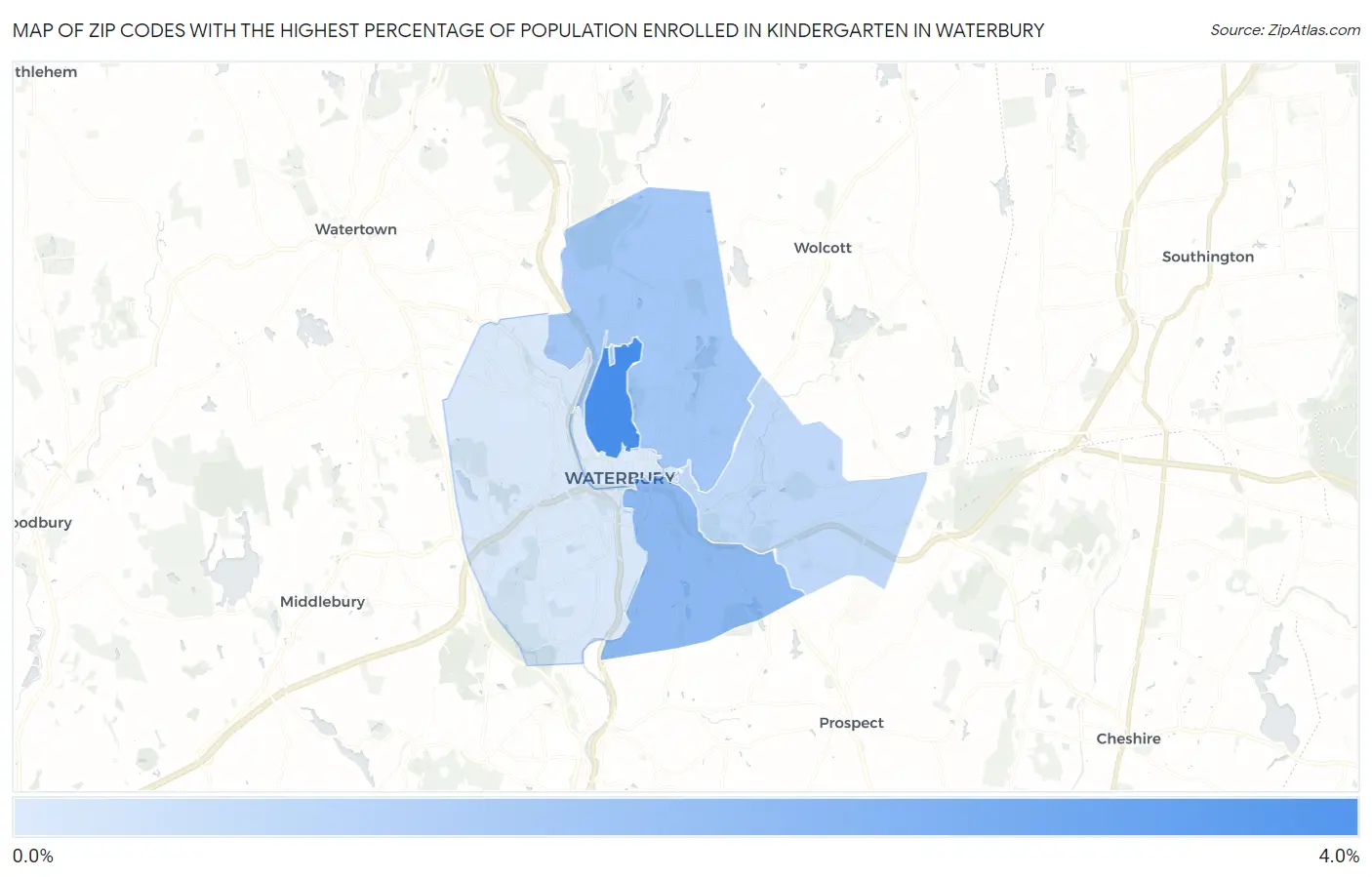 Zip Codes with the Highest Percentage of Population Enrolled in Kindergarten in Waterbury Map