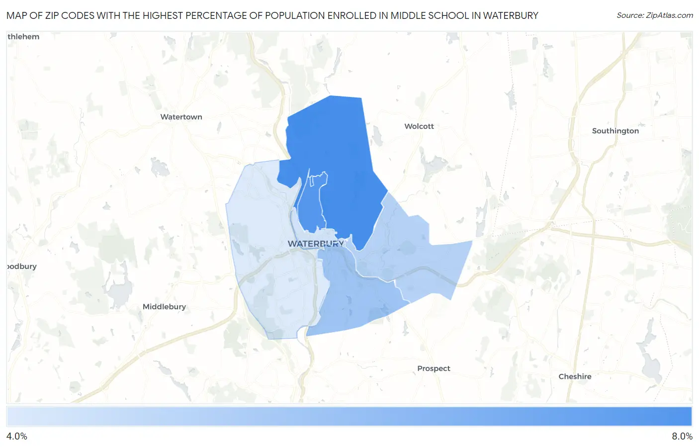 Zip Codes with the Highest Percentage of Population Enrolled in Middle School in Waterbury Map