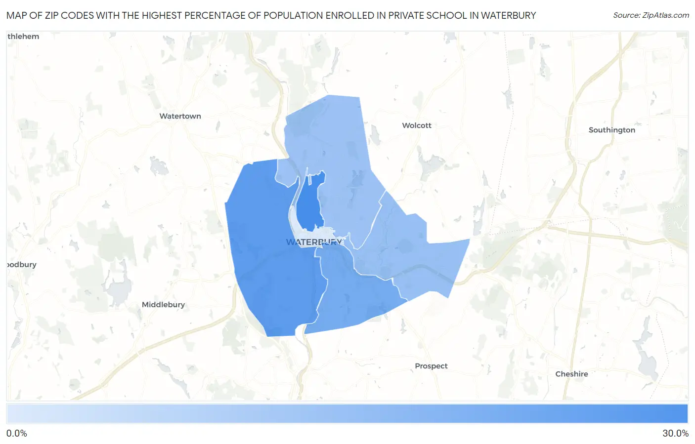 Zip Codes with the Highest Percentage of Population Enrolled in Private School in Waterbury Map