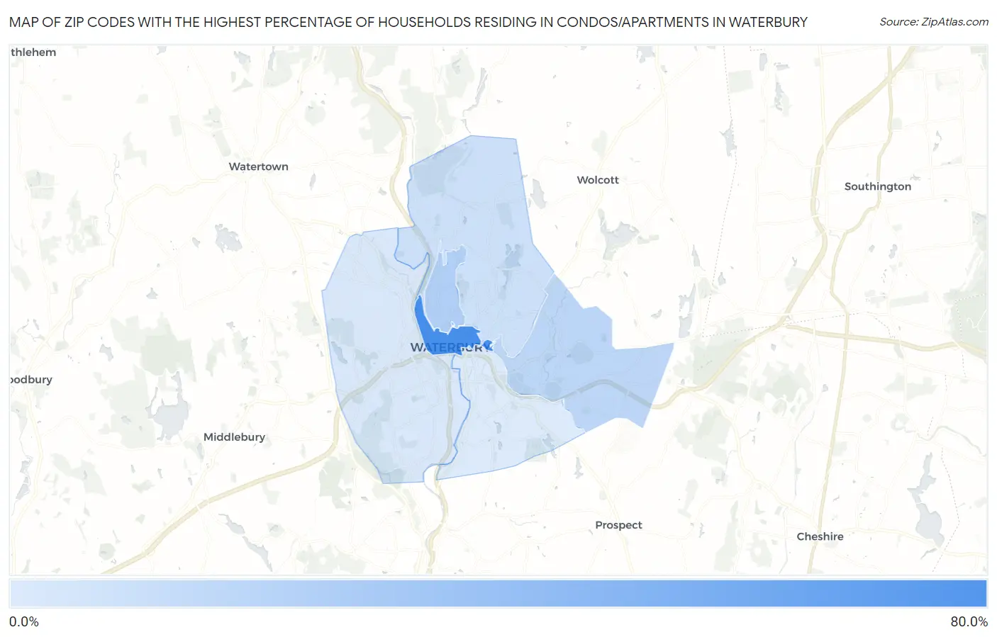 Zip Codes with the Highest Percentage of Households Residing in Condos/Apartments in Waterbury Map