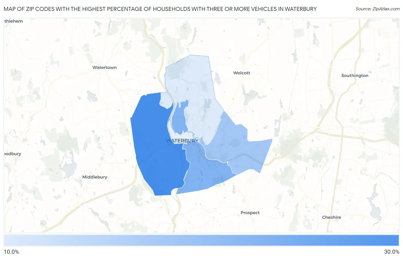 Zip Codes with the Highest Percentage of Households With Three or more Vehicles in Waterbury Map
