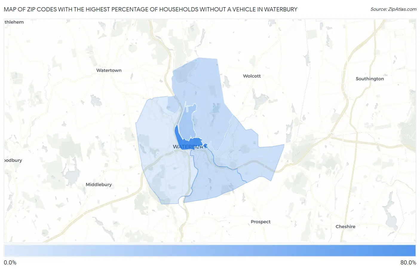 Zip Codes with the Highest Percentage of Households Without a Vehicle in Waterbury Map