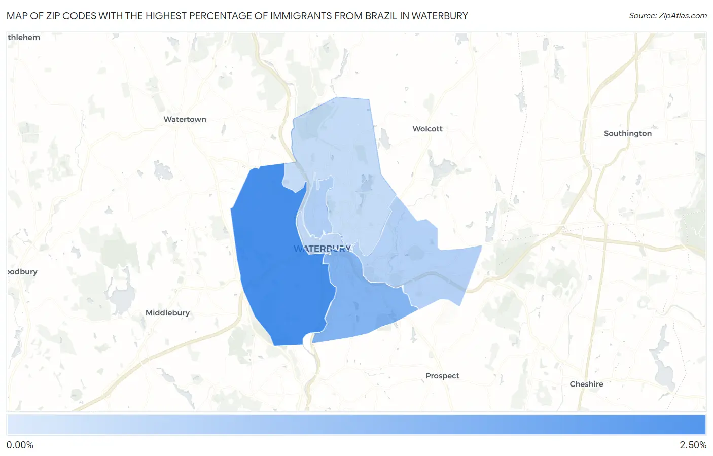 Zip Codes with the Highest Percentage of Immigrants from Brazil in Waterbury Map