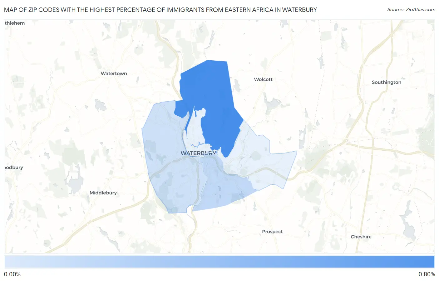 Zip Codes with the Highest Percentage of Immigrants from Eastern Africa in Waterbury Map