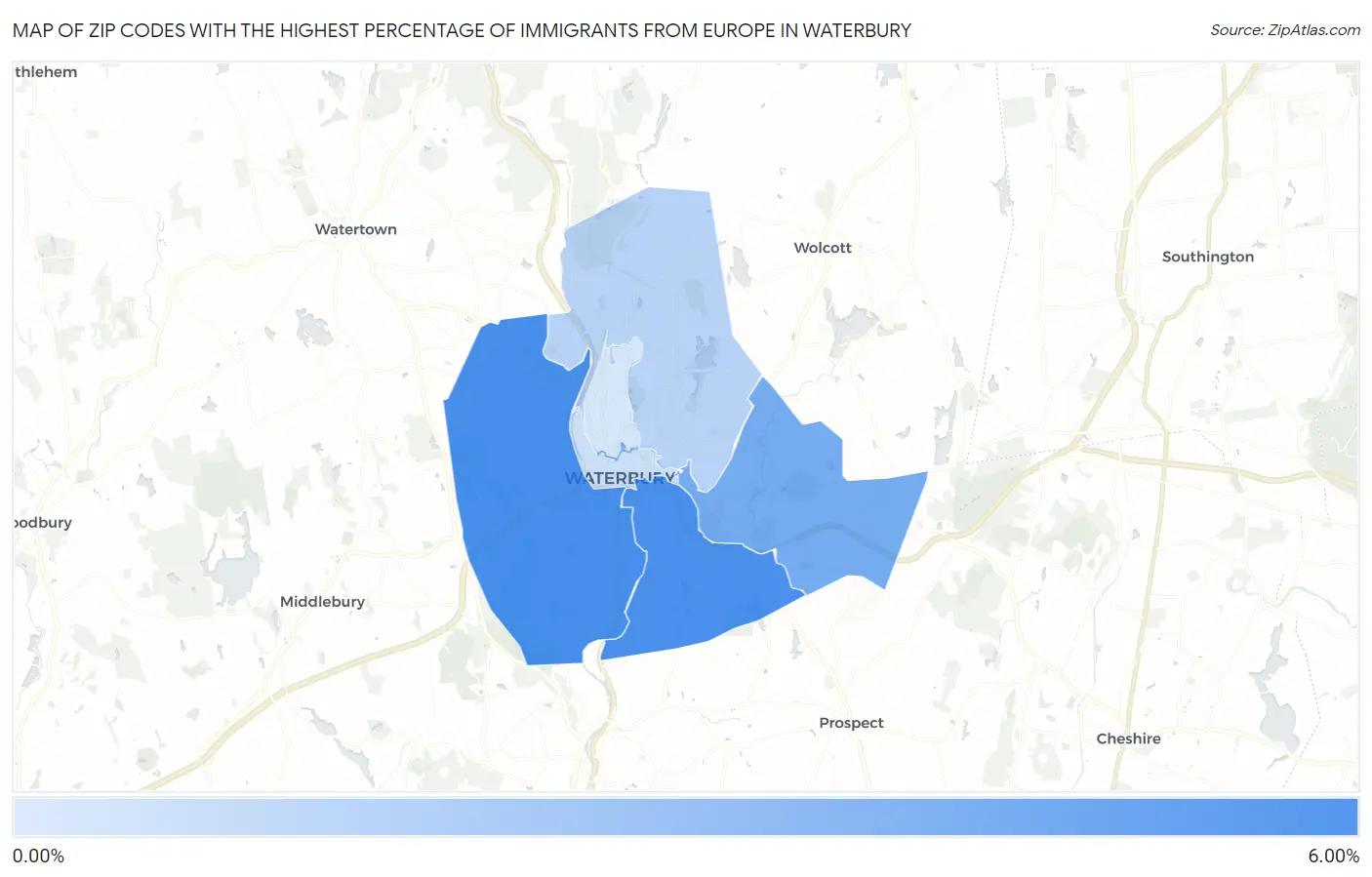 Zip Codes with the Highest Percentage of Immigrants from Europe in Waterbury Map