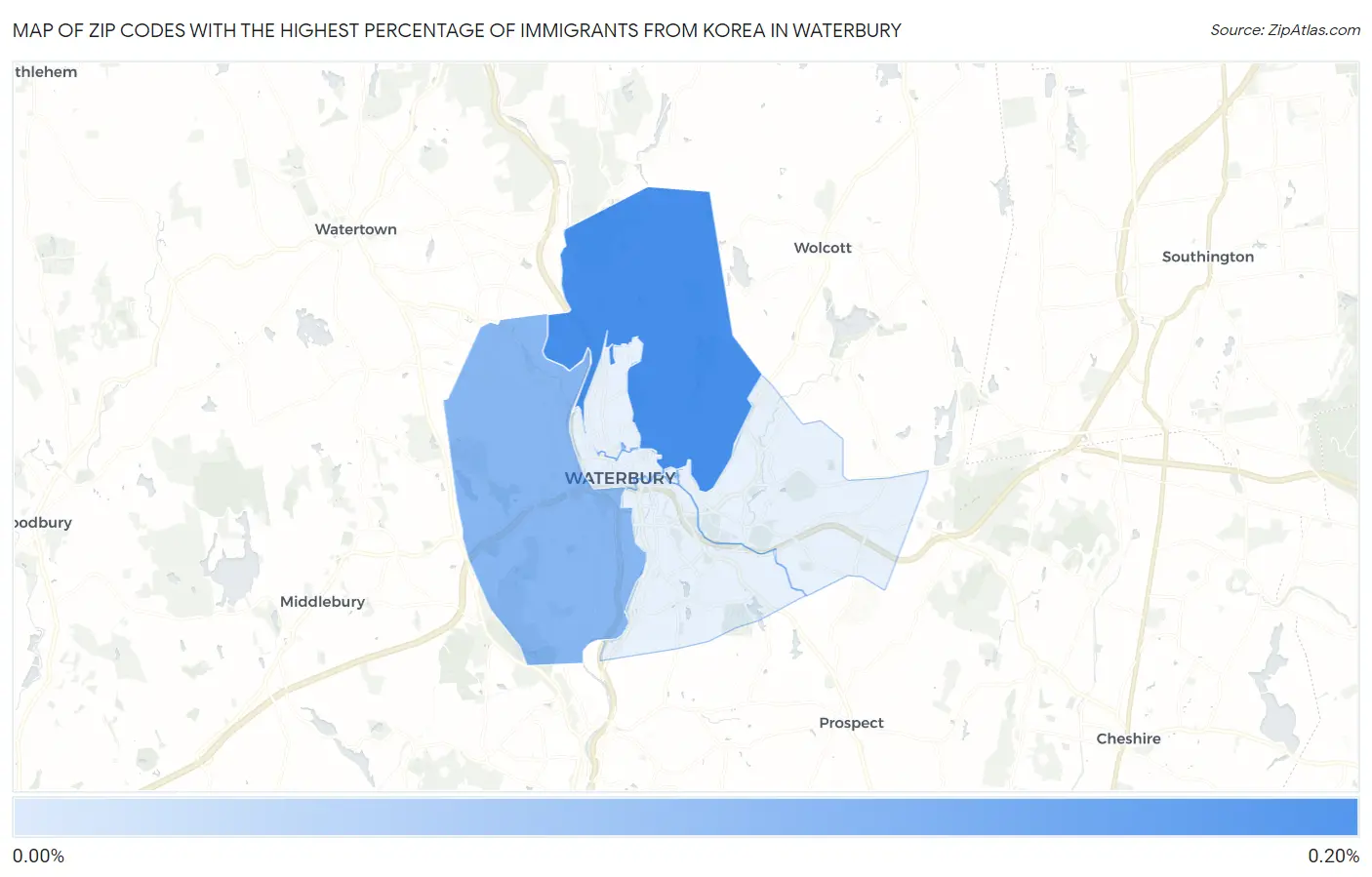 Zip Codes with the Highest Percentage of Immigrants from Korea in Waterbury Map