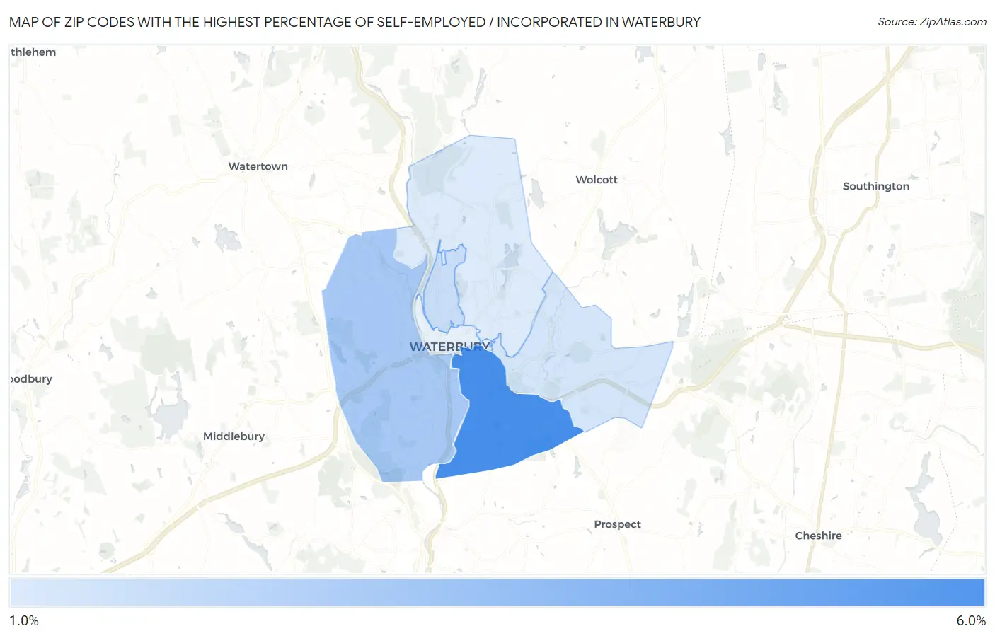Zip Codes with the Highest Percentage of Self-Employed / Incorporated in Waterbury Map
