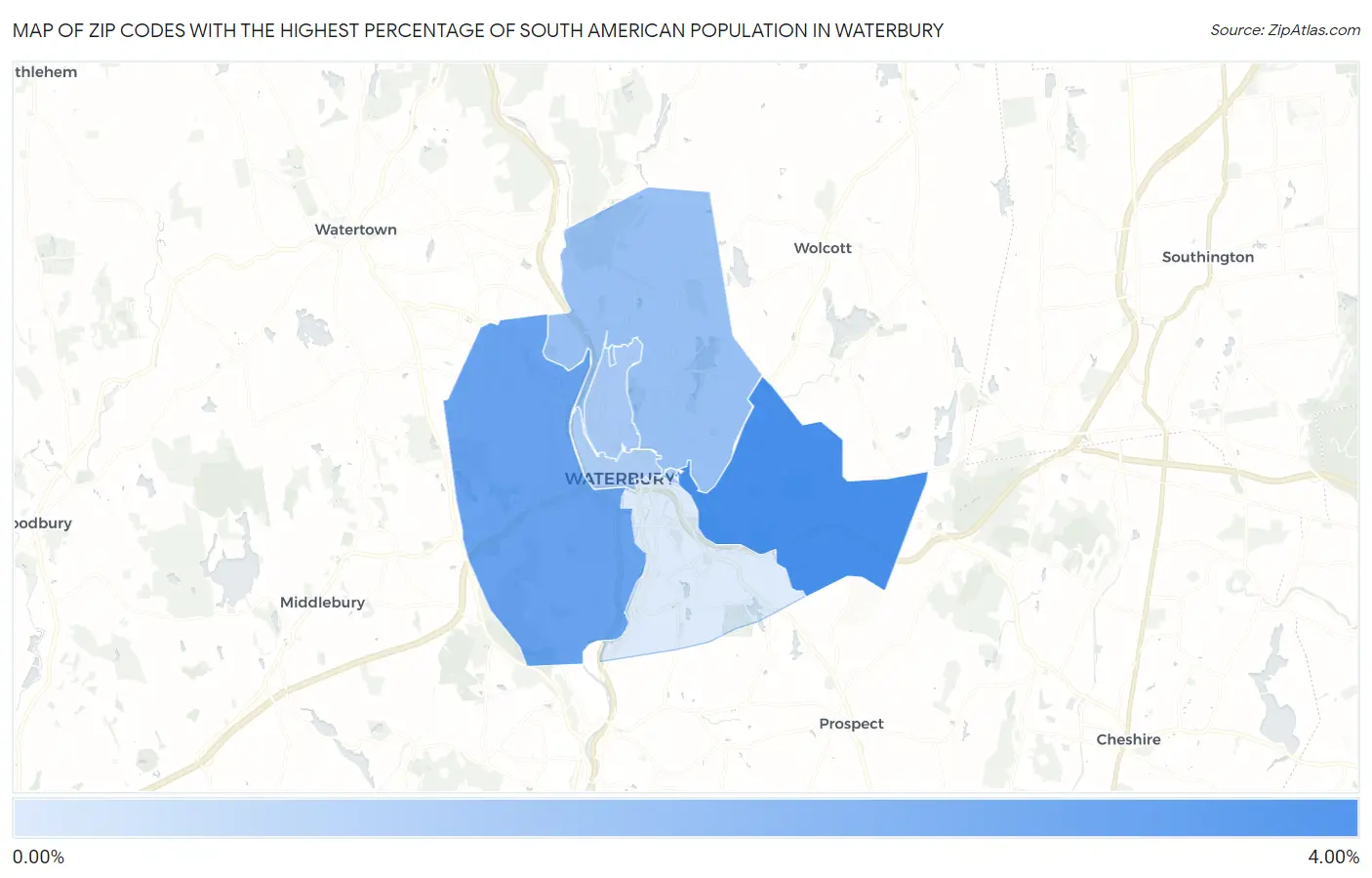Zip Codes with the Highest Percentage of South American Population in Waterbury Map