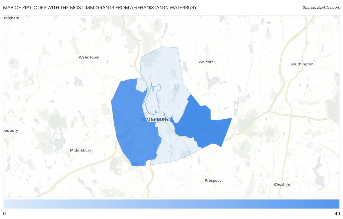 Zip Codes with the Most Immigrants from Afghanistan in Waterbury Map