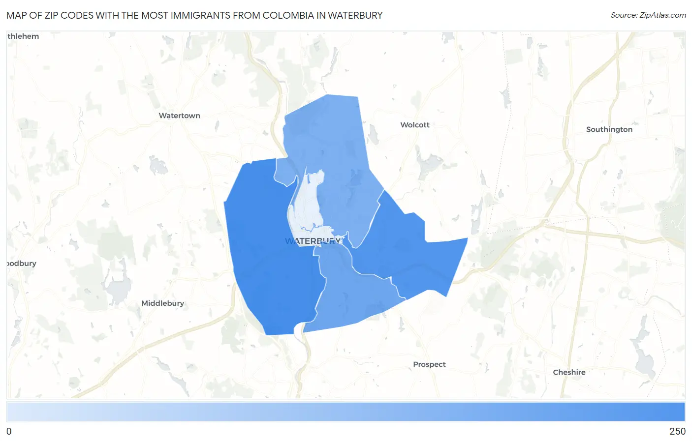 Zip Codes with the Most Immigrants from Colombia in Waterbury Map