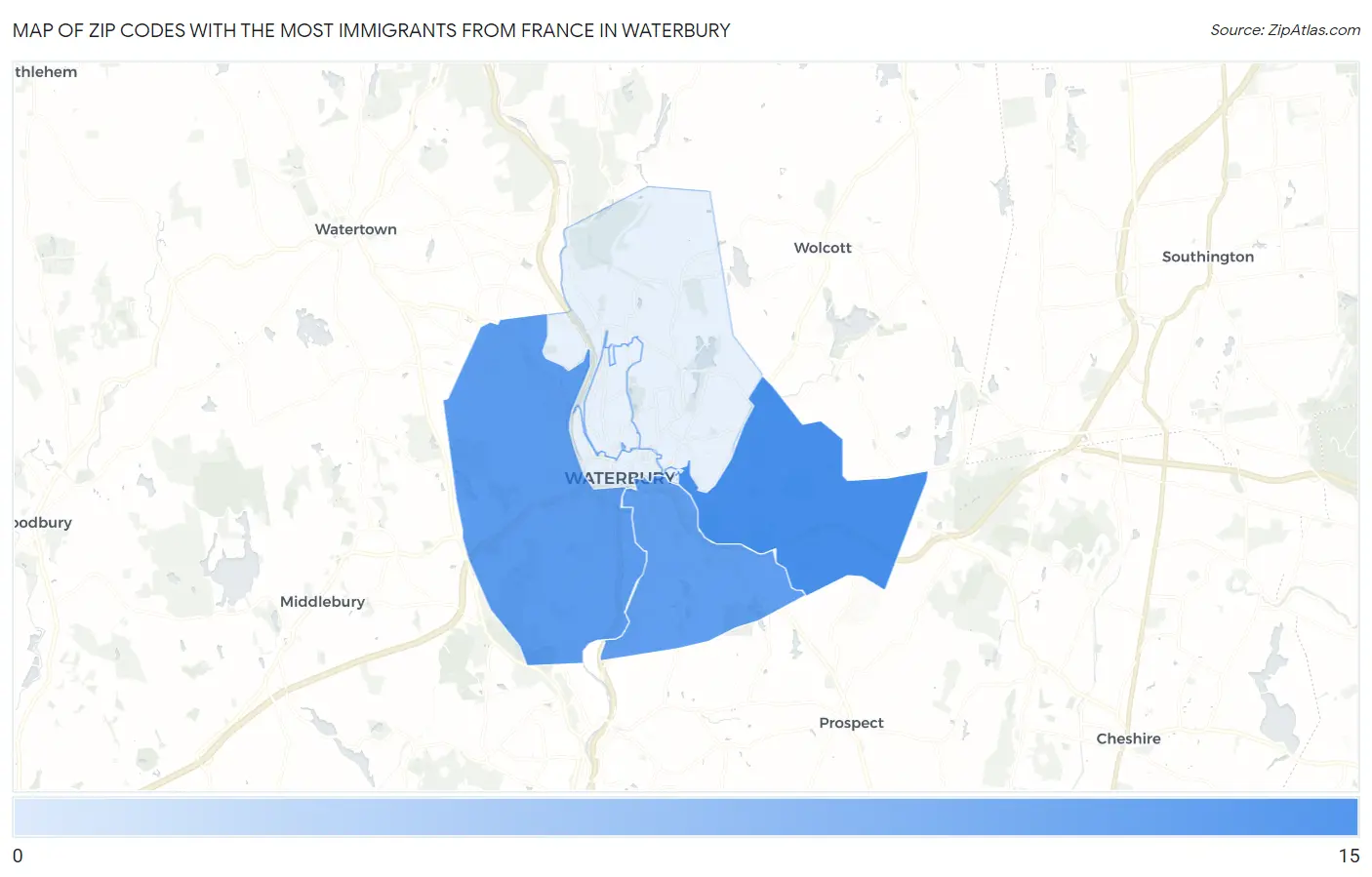 Zip Codes with the Most Immigrants from France in Waterbury Map