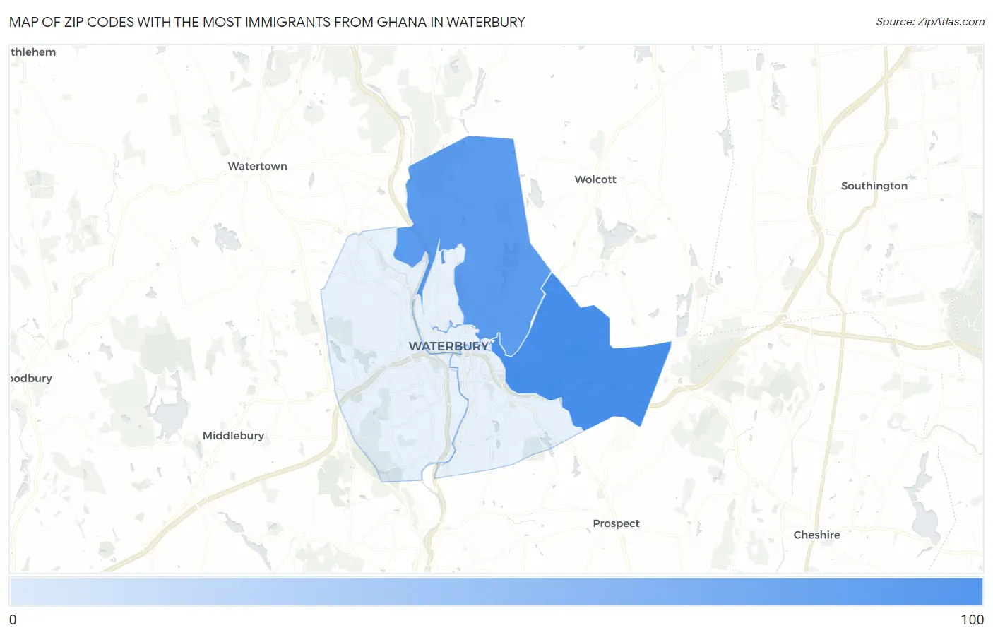 Zip Codes with the Most Immigrants from Ghana in Waterbury Map